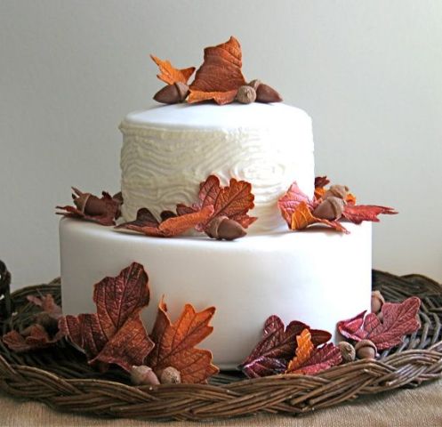 a white weddign cake with a plain and a patterned tier, with chocolate acorns and leaves is a lovely idea for a fall wedding