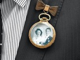 a vintage watch boutonniere with a family photo instead of usual numbers is a lovely way to commemorate those who have passed away