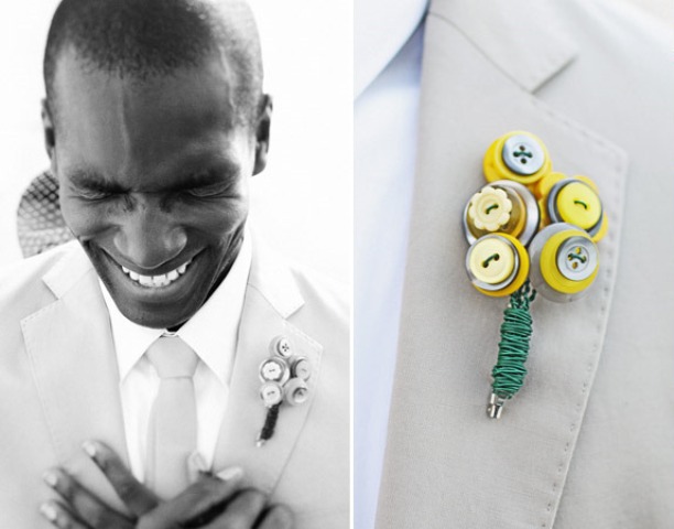 a colorful button boutonniere wiht a bright wrap is a lovely idea to accent your outfit and make it less formal
