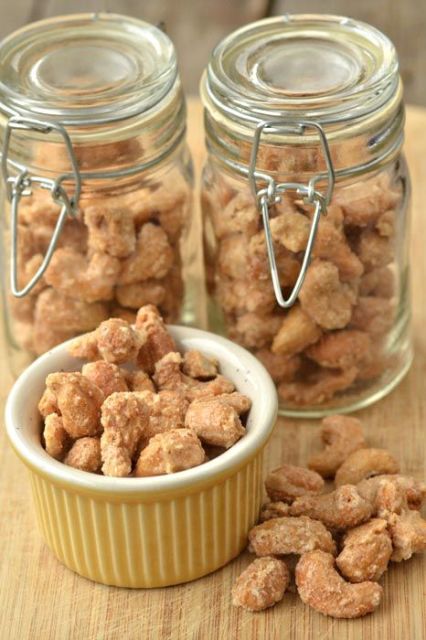 serve peanuts in glass jars and in a porcelain bowl, this is a simple and creative idea