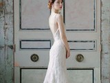 a full lace fitting wedding dress with spaghetti straps, an open back and a train is very chic