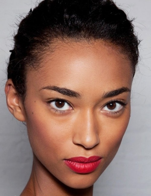 a makeup with perfectly matte skin, highlighted zones and a matte red lip