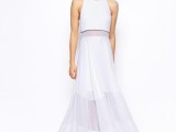 a minimalist lilac wedding dress with a halter neckline, an illusion maxi skirt
