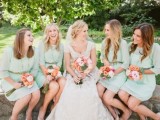 mint green over the knee bridesmaid dresses with illusion necklines and sheer sleeves are amazing for a spring or summer wedding