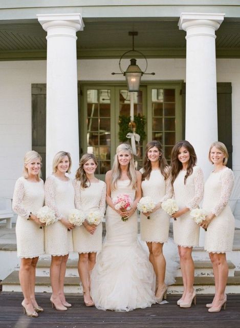 neutral lace over the knee bridesmaid dresses with long sleeves and scoop necklines are amazing and chic for a neutral wedding