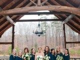 dark green short A-line bridesmaid dresses with scoop necklines and long sleeves are amazing for a fall or winter wedding
