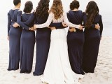 black long-sleeved maxi bridesmaid dresses with cutout shoulders are amazing for rocking them at any wedding, these are classics