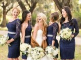 navy lace over the knee bridesmaid dresses are amazing for an elegant wedding in the fall or winter