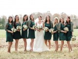 dark green over the knee bridesmaid dresses with sheer sleeves and square necklines are amazing for the fall or winter