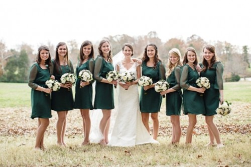dark green over the knee bridesmaid dresses with sheer sleeves and square necklines are amazing for the fall or winter