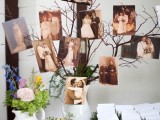 a simple family tree made of branches put into a simple white vase plus photos attached to them