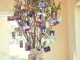 a quirky family tree made of a vase wrapped with fabric, with branches with green leaves and family photos on them