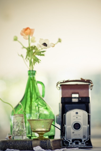 a vintage wedding centerpiece of a vintage camera, a vintage book and a green bottle with blooms and glasses