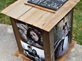 a creative rustic wooden card box with the couple’s photos and a chalkboard tag on top is a cool idea for a simple laid-back wedding
