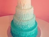 a textural ombre wedding cake from white to tiffany blue is a trendy idea and a cool option