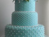 a tiffany blue wedding cake decorated with white sugar beads and pastel sugar blooms on top for a spring wedding