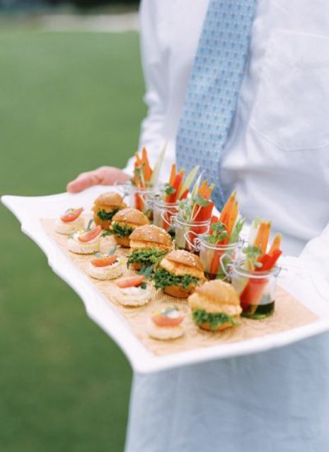 mini burgers, fresh veggies with dip and mini tarts will let your guests choose what they prefer