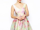 a pastel watercolor sleeveless A-line short dress with a deep neckline looks and feels like spring