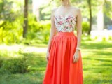 a strapless floral top, a red maxi dress, statement earrings for a formal spring wedding