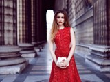 a red lace sleeveless A-line midi dress, nude spiked shoes and a white box clutch for a romantic look