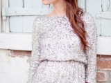 a silver sequin dress with a high neckline and long sleeves is a chic and beautiful option for any winter wedding