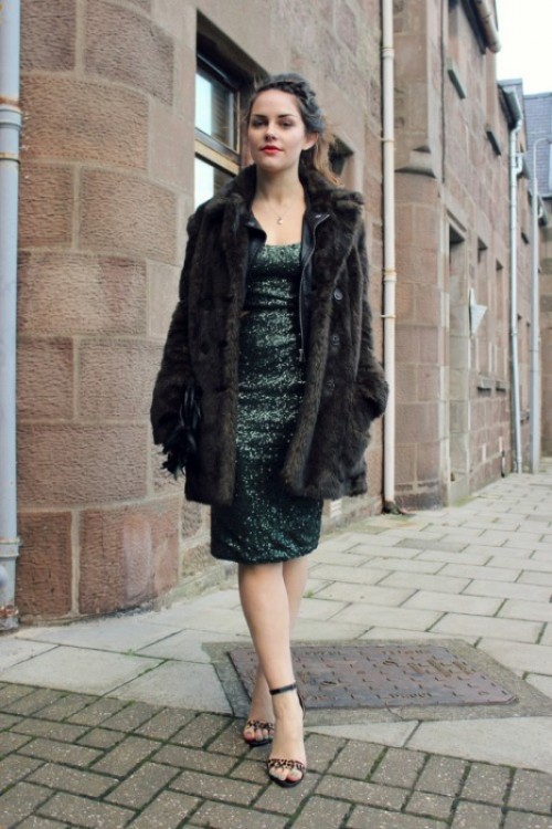 a green sequin sheath knee dress, a faux fur coat, leopard print shoes for a shiny and bold winter look