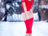 a red sheath midi dress with lace sleeves, blush shoes and a blush clutch for a bright winter wedding guest look