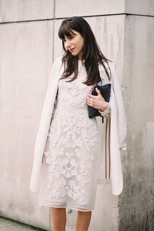 A white lace sheath knee dress, a white coat, a black leather clutch for a refined winter wedding guest look