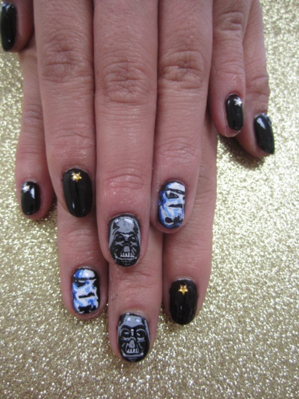 A Star Wars themed manicure with black, Darth Vader and Stormtrooper nails is a cool idea for a bride or bridesmaid