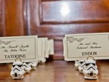 stormtrooper heads as card holders and table names taken from Star Wars planets