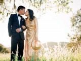 a gold sequin sheath wedding dress with long sleeves and a high neckline is a stylish glam idea for a bride who loves to bling