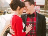 a red tartan shirt, a black bow tie and a black blazer for a stylish Christmas groom look