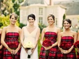 strapless red tartan bridesmaid dresses are perfect for winter or Christmas wedding, they can be a fit for a Scottish wedding, too
