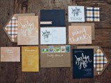 a tan, blush and navy wedding stationery suite with plaid patterns is a stylish idea for a winter wedding