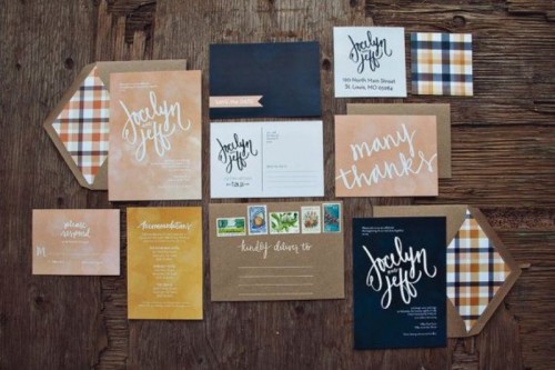a tan, blush and navy wedding stationery suite with plaid patterns is a stylish idea for a winter wedding
