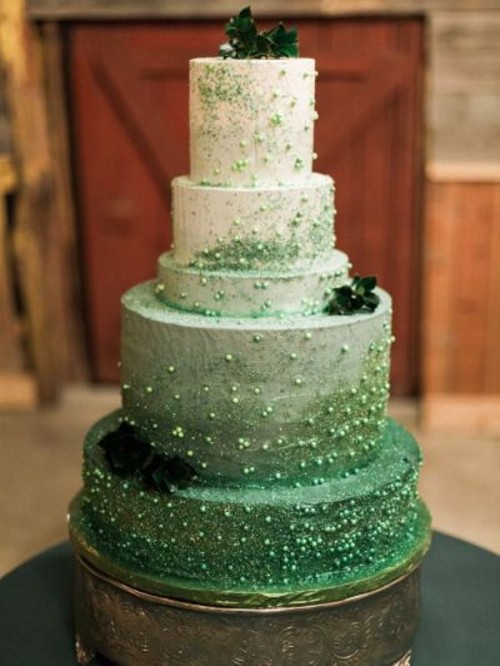 a jaw-dropping ombre green wedding cake with glitter dust, edible beads and dark foliage for a St. Patrick's wedding