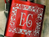 a red flask with a rose pattern is a lovely favor idea – for a groom or a bride, for bridesmaids or groomsmen, lovely for a Valentine’s Day wedding