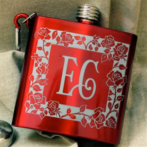a red flask with a rose pattern is a lovely favor idea - for a groom or a bride, for bridesmaids or groomsmen, lovely for a Valentine's Day wedding