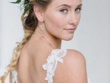 a neutral wedding dress paired with a greenery headpiece is a chic and romantic idea