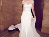 a romantic and chic batequ neckline A-line wedding dress with a lace bodice and a plain skirt with a train is a chic solution