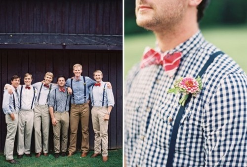 a navy and white checked shirt, a red and white striped bow tie and a red flower boutonniere for a bold and chic look