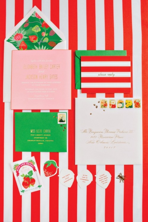 a bright and fun wedding invitation suite in red, white, pink and green, with prints and strawberry lining is amazing for summer