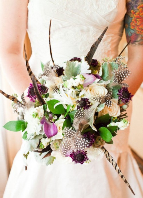 Textural Wedding Bouquets With Feathers