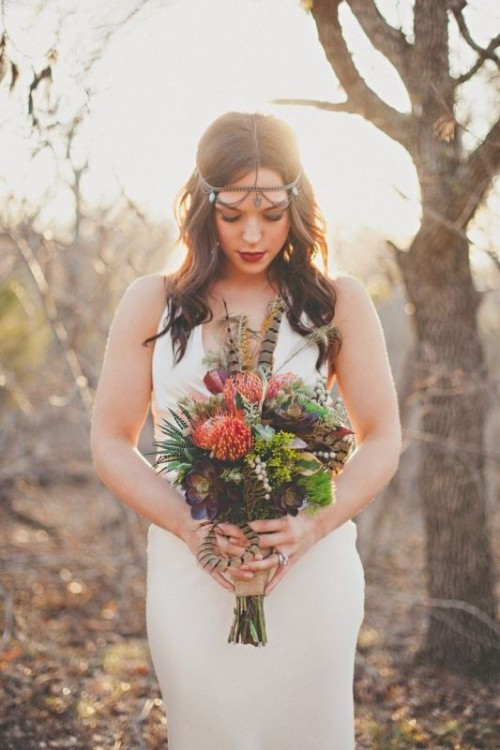 Textural Wedding Bouquets With Feathers