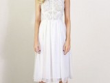 a white sleeveless mini dress with a lace bodice and a mini pleated skirt is rather a classic idea that matches many styles