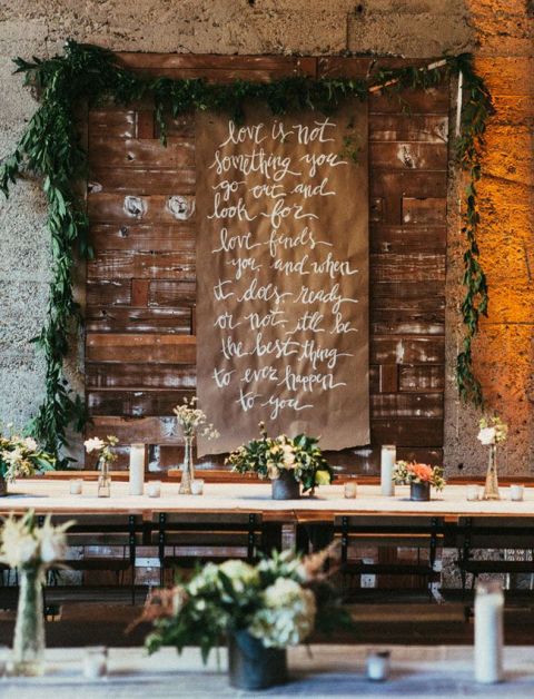a kraft paper banner and a greenery garland are a lovely idea for a rustic space, they can be a backdrop for your wedding reception or even ceremony and you can DIY them