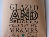 a kraft paper bag with printed letters is a pretty way to personalize a wedding favor or soem late night treats