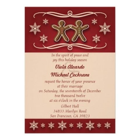 a red and tan wedding invitation with gingerbread cookie prints is a lovely idea for a winter or Christmas wedding