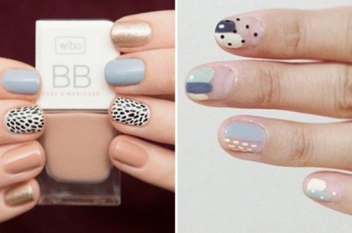 mismatching patterned nails in pastel colors are stylish and quirky, these are soft colors but a catchy look with a pattern