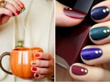 all-different jewel tone nails with gold dots are lovely for a fall wedding, play with colors that you love